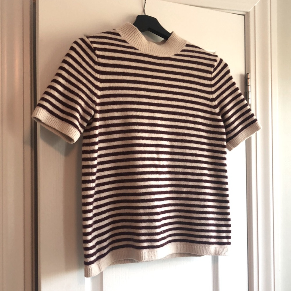 LOFT cropped sweater, XS Petite, marroon & cream sailor stripes